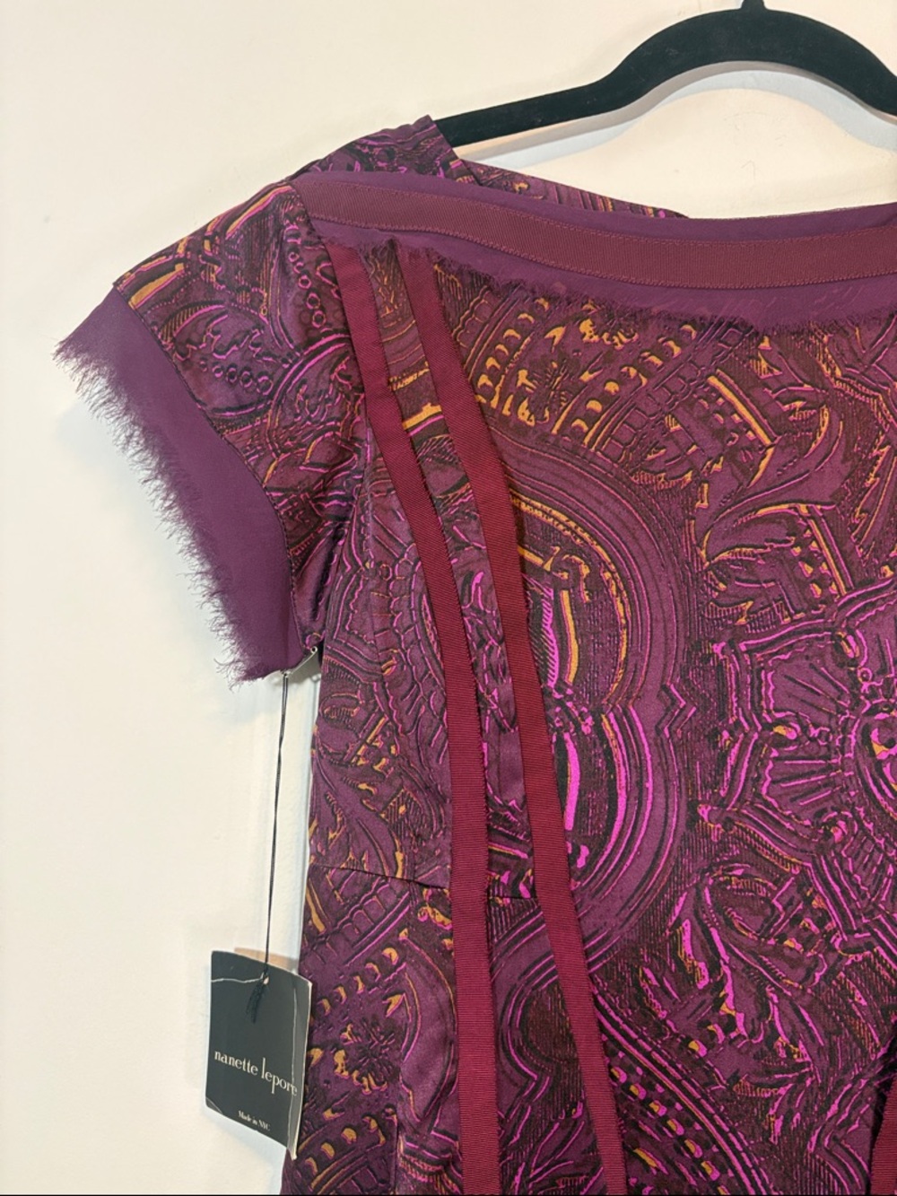 NWT Nanette Lepore Silk Mini Dress Purple Print Ribbon Detail Fringe Trim Whimsy